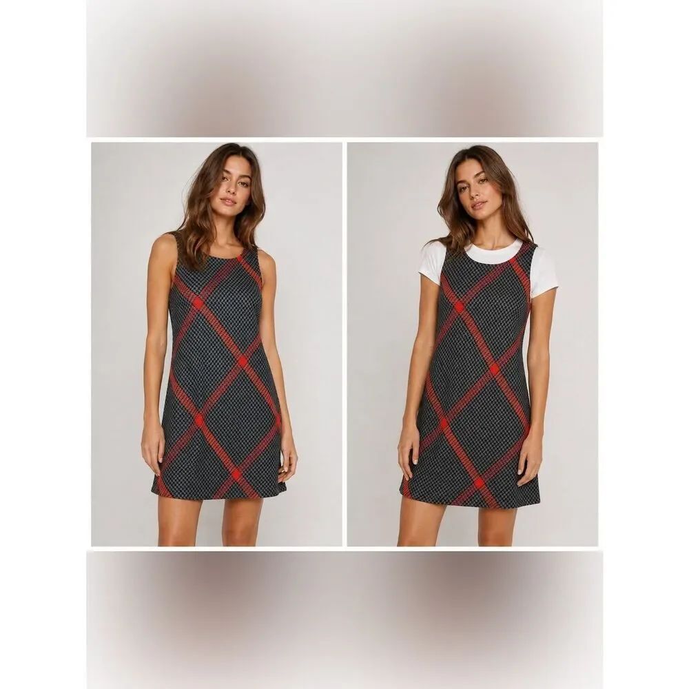 Promod Houndstooth Plaid Sleeveless Layered Shift Dress Size 8 US/10 UK Knitted